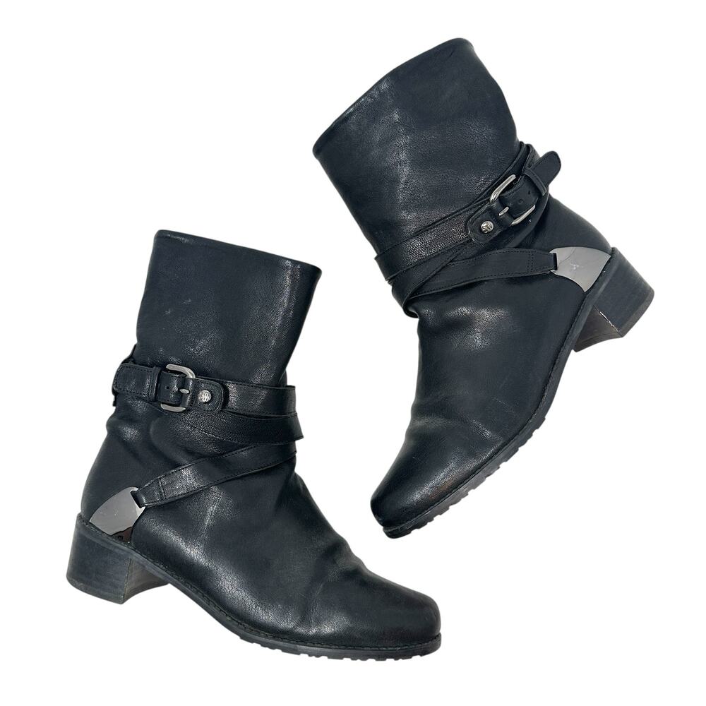 Stuart Weitzman Ranch‎ Dressing Boots Moto Buckle Leather Black Size US 6